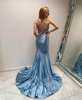 Blue Long Mermaid Evening Dresses with Glitter Criss-cross Straps Prom Evening Dresses